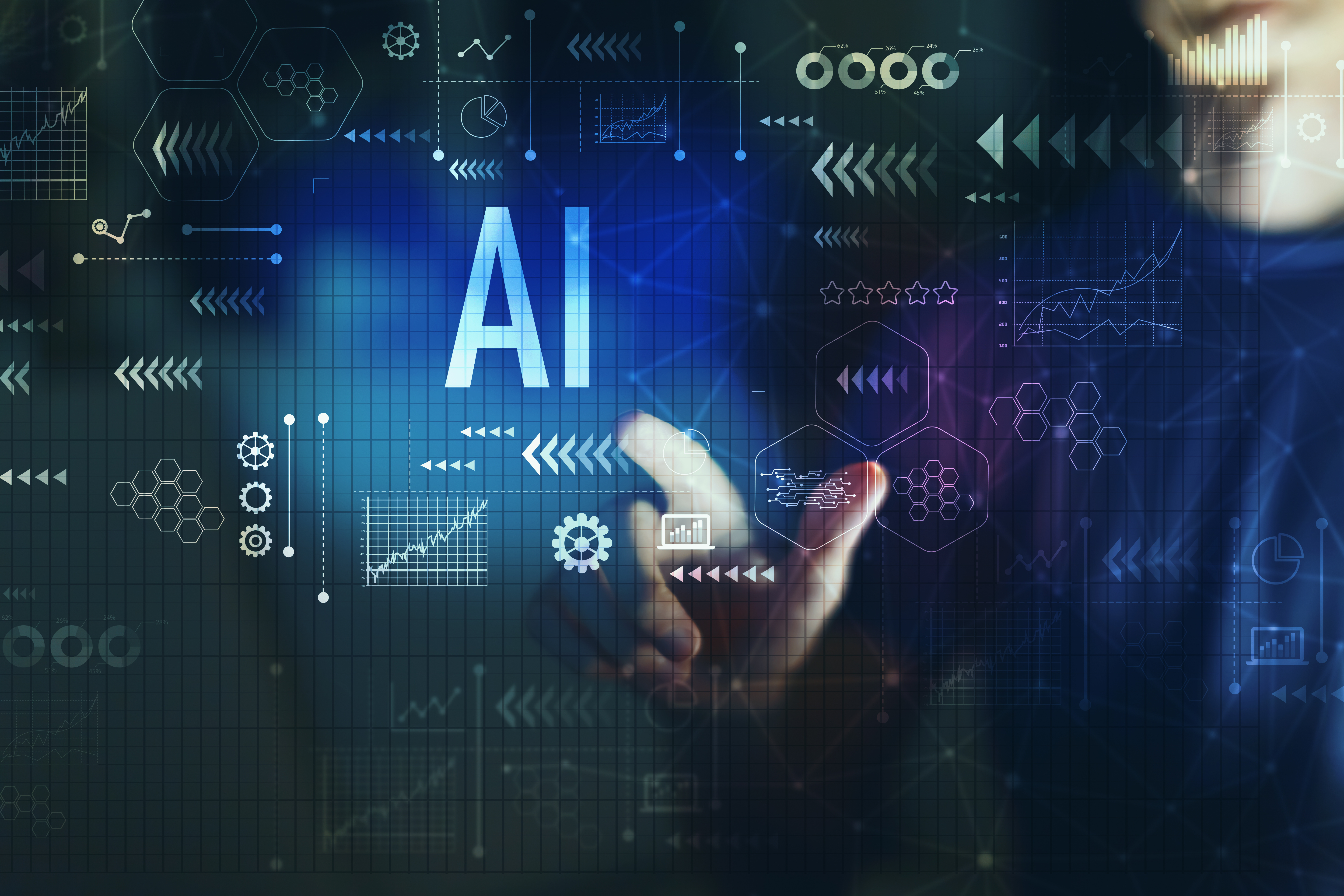 Befrage eine KI zur Logistik der Zukunft Digitaler futuristischer Screen mit Schriftzug "AI"