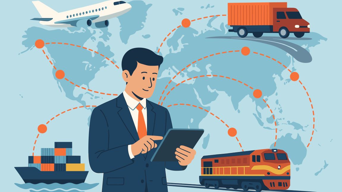 Illustration mit einem Mann mit Tablet und im Hintergrund eine Weltkarte sowie Knotenpunkte und Flugzeug, LKW, Schiff und Bahn