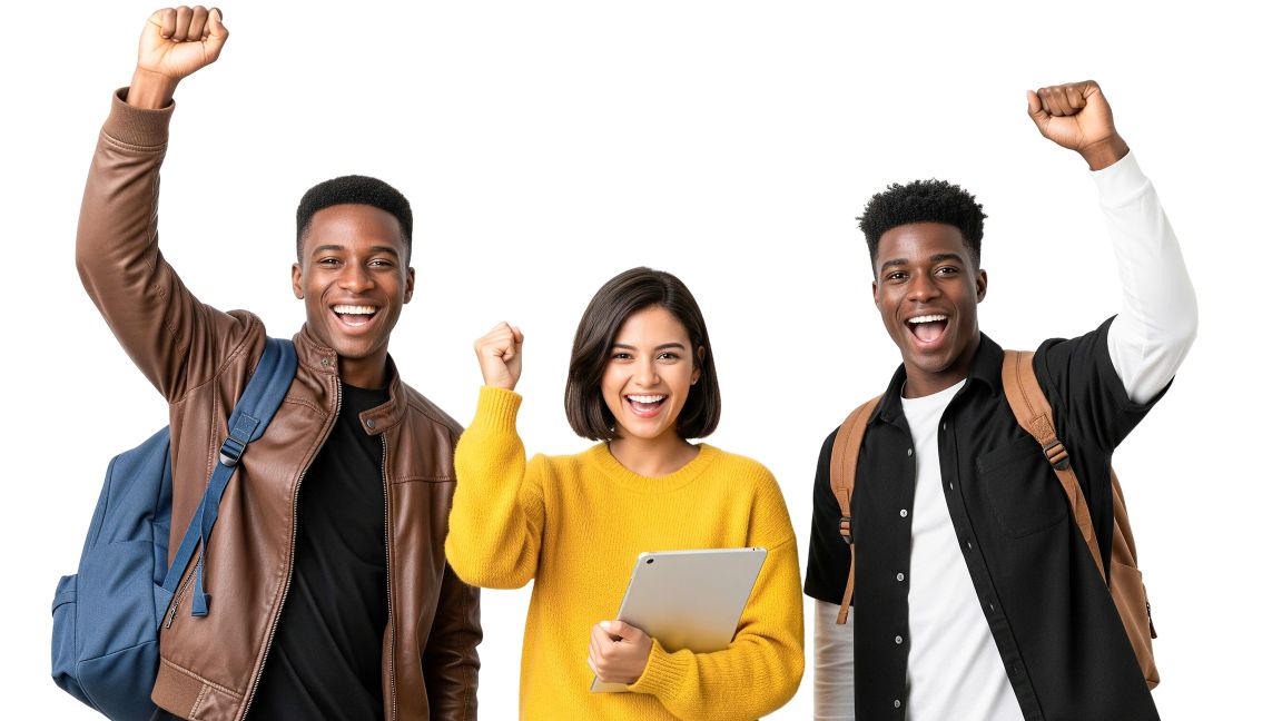 drei junge Menschen stehen zusammen und heben motiviert die Hand